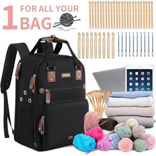 SINVICKO Crochet Bag, Knitting Bag Backpack and Totes Organizer with USB Charging Port, Large Yarn Storage Tote Bag - color: Black