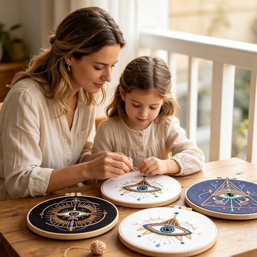 Qupace 3 Pcs Halloween Black Celestial Embroidery Kit, Star Moon Hand Embroidery Set with Bamboo Hoop, DIY Boho Cosmic Craft Supplies for Wall Decor Gift - color: Blue