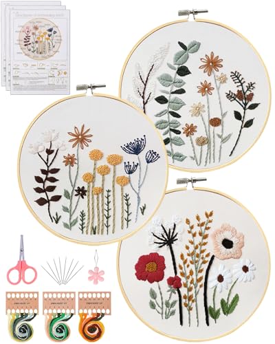 Santune 3 Sets Embroidery Kit,Cross Stitch Kits for Beginners,Needlepoint Kits for Adults with Easy Floral Pattern Hand Crafts,Hoop,Needle,Mothers Day Gifts - color: Flower Series