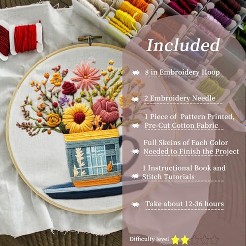 FONNUY Floral Embroidery Kit for Beginners, Colorful Flowers Pre-Stamped Pattern Kits for Adults with Hoop, Thread Needlework, 8'' Hoop (Cup) - color: Cup