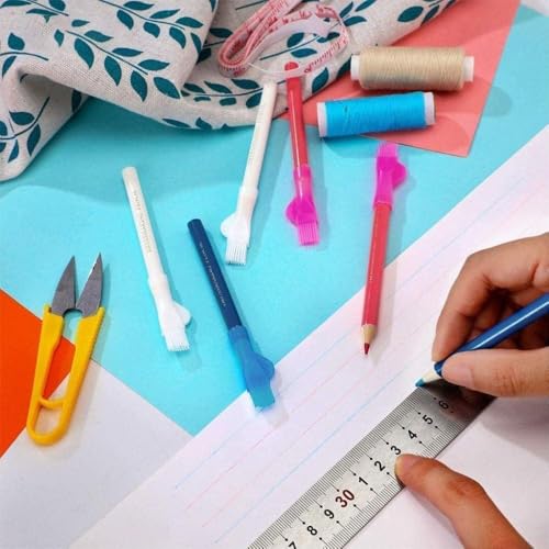 3Pcs Blue White Red Sewing Fabric Pencils,Tailor 's Mark Chalks Fabric Chalk Pens,Fabric Marking Pencil with Cover Brush Dressmaker Tracing Tools,Sewing Marking and Tracing Tools,Sewing Tools