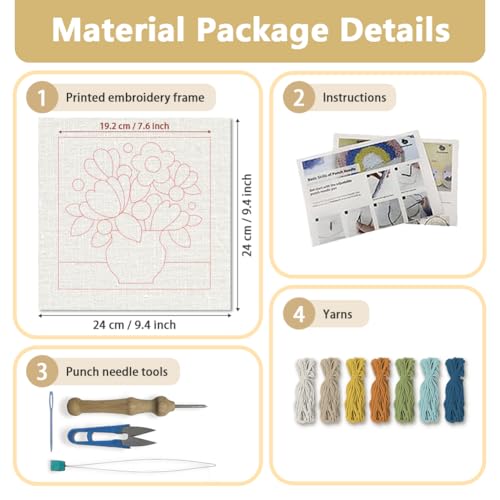 Doodlream Flowers Vase DIY Punch Needle Embroidery Kit for Adult Beginner, 9.4" Floral Punch Stitching Craft Set for Starter with Frame, Fabric Pattern, Threader, Yarn, Pinch Needle - color: Flowers Vase