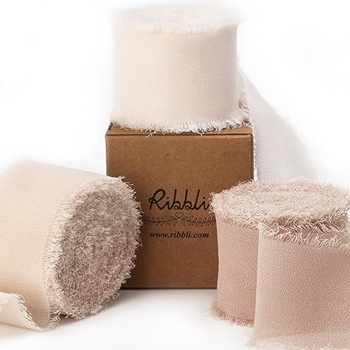 Ribbli Chiffon Silk Ribbon, 1.5 inch x 30 Yard, Cream/Champagne/Beige Fringe Chiffon Ribbon for Wedding Invitations, Bridal Bouquets Wrapping, Flower Arrangement Decoration - color: Cream/Champagne/Beige