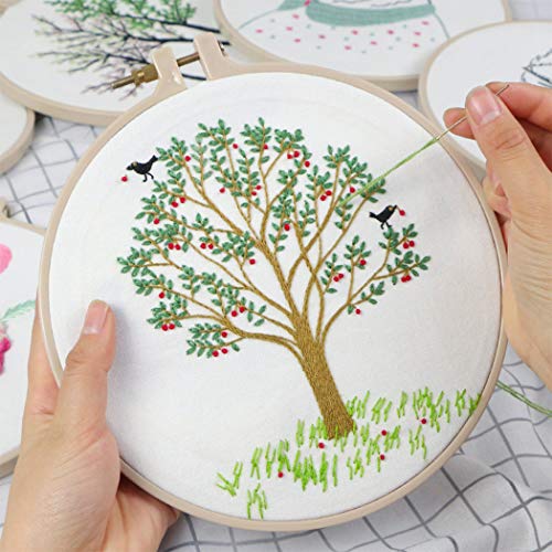 KISSBUTY Full Range of Embroidery Starter Kit with Pattern, Cross Stitch Kit Including Embroidery Fabricwith Plants Pattern, Bamboo Embroidery Hoop, Color Threads and Tools Kit (Cherry Tree)