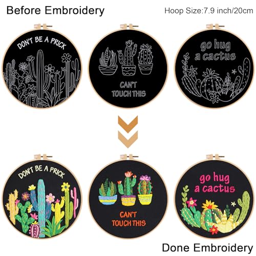 Louise Maelys 3 Pack Funny Cactus Embroidery Kit for Beginners DIY Craft - color: funny cactus