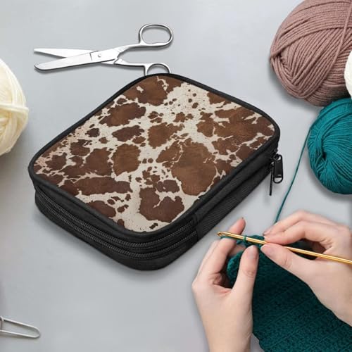 Kathyboom Brown Cowhide Empty Crochet Hook Case Crochet Hook Organizer with Slots Crochet Needles Bag for Crochet Lovers, Crochet Kit for Beginners - color: Brown Cowhide
