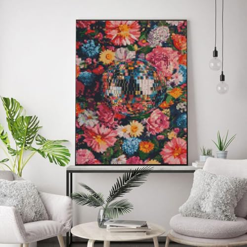 MYBISYMQQ Stamping Cross Stitch Kit Disco Ball, Counting Cross Stitch Kit for Adult Beginners Flowers, Full Line DIY Cross Stitch Stitching Kit for Home Decor Cross Stitch Patterns 11.8x15.7inches - color: D025