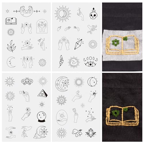 Magibeads 52 Patterns Water Soluble Embroidery Patterns Sun Crescent Moon Witchy Hand Patterns Stick and Stitch Transfer Embroidery Paper for Adult Beginners Hand Sewing Starter Kit - color: Witchy