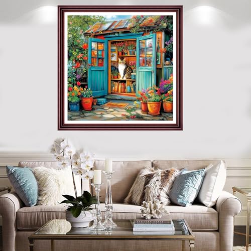 Redxing Stamped Cross Stitch Kits Full Range of Embroidery Starter Kits- Needlepoint Counted Cross Stitch Kits for Beginner Adults 11CT Printed Embroidery Kit-Cat Flower Home 18x18 inch - color: Artskits41