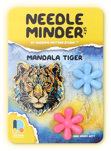 Awesome Pattern Studio Needle Minder Set - Mandala Tiger Magnetic Needle Minder + 2 Needle Threaders. Enamel Pin for Cross Stitch, Embroidery and Craft