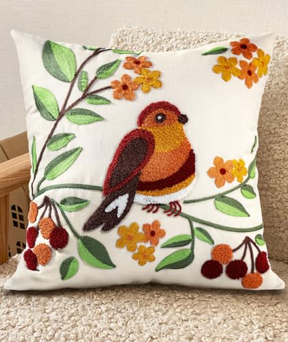 Embroidered Throw Pillow Cover, 18x18 Inch, Bird Branch - color: Tree Bird, size: 18" x 18" (Pack of 1)