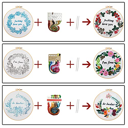 Nuberlic 3 Pack Funny Embroidery Kit for Beginners Adults - color: Flower2