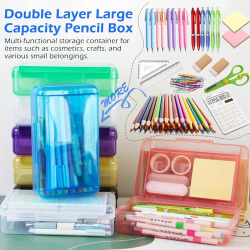 Double Layer Plastic Clear Hard Colored Pencil Box Case Pen Crayon Box - color: Pink