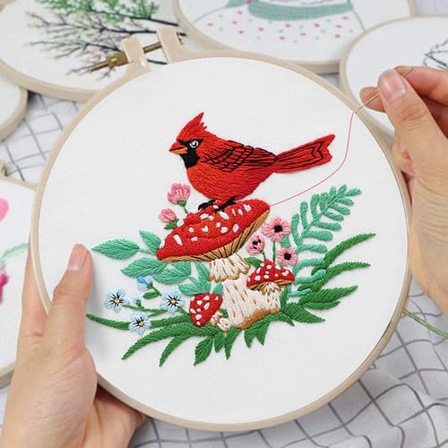 Louise Maelys Embroidery Kit, Cardinal Mushroom Canvas Tote Bag Craft Set - color: Cardinal