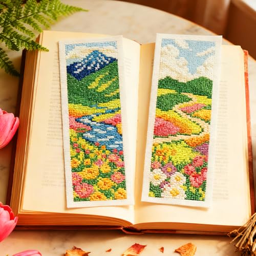 INFUNLY 6 Set Spring Scenery DIY Cross Stitch Bookmark Kits for Adults Wildflowers Counted Cross Stitch Kit with Instructions Landscape Stamped Embroidery Bookmark Kit for Book Lovers Readers Gift - style: Spring Scenery
