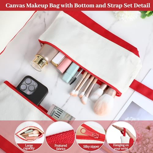 Silkfly 15 Pcs Cotton Canvas Makeup Bags Cosmetic Zipper Bags 10.2 x 5.5 x 2'' Blank DIY Pouch Bulk Pencil Case with Bottom Travel Toiletry Pouch for Women Craft Decor Gift (Beige and Red) - color: Beige and Red