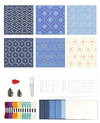 Onism Sashiko Embroidery Kit for Beginners, 7 Colors Thread & Denim Fabric