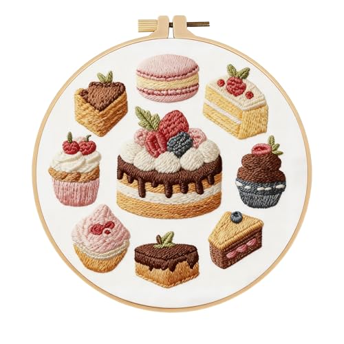 spicssa Embroidery Kit for Beginners, Hand Needlepoint Kits for Adults with Pre-Stamped Patterns, 7.8-Inch Hoop, Threads & Needles, Step by Step Instructions - color: Cake B