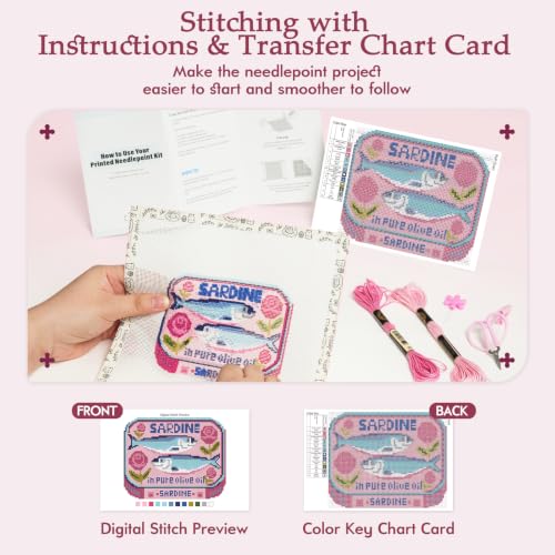 Kaitiaki 18 mesh Needlepoint Canvas Kit, 8 in Painted Canvas Set with Embroidery Floss, Needles, Guide Card, Instruction, Threader, Scissors & Project Bag for Crafter Gift(Sardine) - color: Sardine, size: 18 mesh