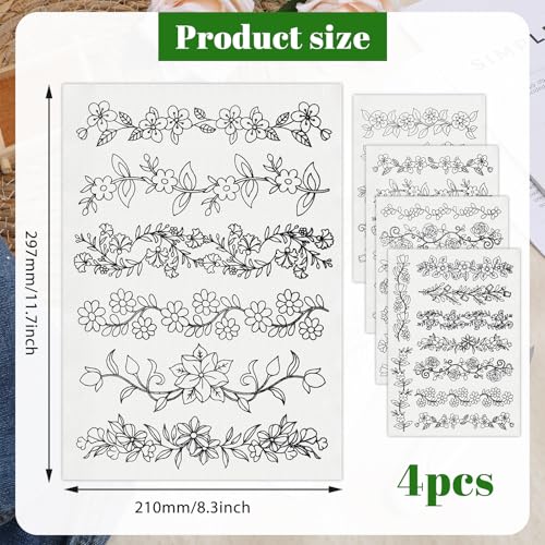 27 Pcs Water Soluble Stabilizer Embroidery Patterns Flower Vine Embroidery Pattern Sewing Flowers Border Pre-Printed Floral Stick & Stitch Paper for Jean Bag Tshirt Bags Towels 4 Sheets