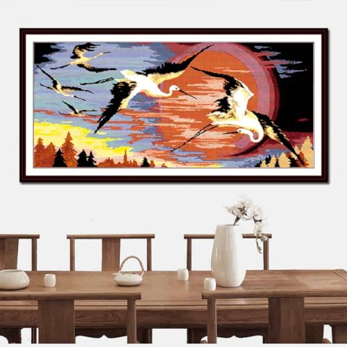 Aiorkeng Cross Stitch Kits Stamped Full Range of Embroidery Starter Kits for Adults Beginners DIY 14CT 2 Strands -Printed kit Red-Crowned Cranes in The Rising Sun(Printed) 31.1×15.7inches - color: Red-crowned cranes in the rising sun79×40CM