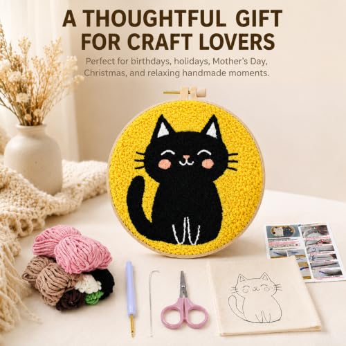 Punch Needle Kit for Beginners, DIY Black Cat Craft with Embroidery Hoop