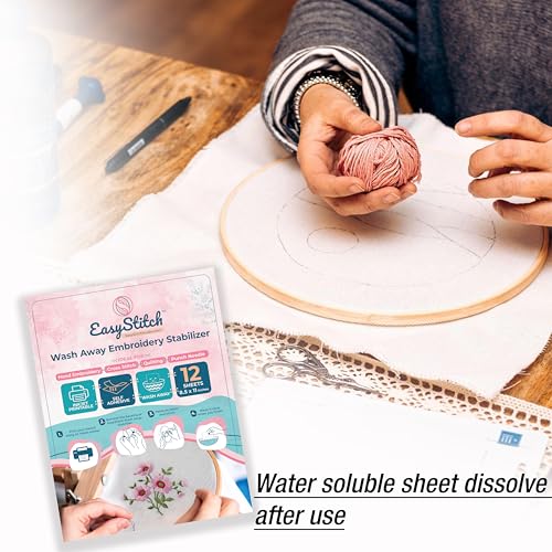 EasyStitchStudio 12 Pcs Stick n Stitch Embroidery Paper Sheets – 8.5” x 11” Water Soluble Stabilizer for Embroidery – Adhesive Stabilizer for Transferring Embroidery Patterns