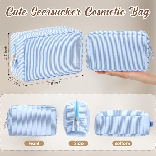 Sanwuta 10 Pcs Seersucker Cosmetic Bag Seersucker Makeup Bag Women Stripe Large Travel Toiletry Organizer Preppy Storage Pouch for Embroidery Wedding Bridesmaid Bride Mom (Light Blue) - color: Light Blue