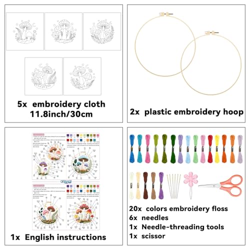 ORIGACH 5 Pack Mushroom & Plants Embroidery Kit for Beginners - style: Mushroom & Plants