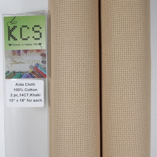 KCS 2 pc of 15" x 18" Counted Cross Stitch Cotton Aida Cloth Needlework Fabric (Khaki, 14CT) - color: Khaki, size: 14CT