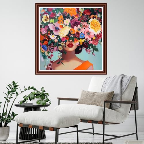 Dimensean Counted Cross Stitch Kit for Beginners, 11CT Unprinted Cross-Stitch Kit Easy Patterns Needlepoint Kit Cross Stitching Embroidery Kit Supplies-Colorful Flower Girl 18x18 inch - color: ColornNEW20