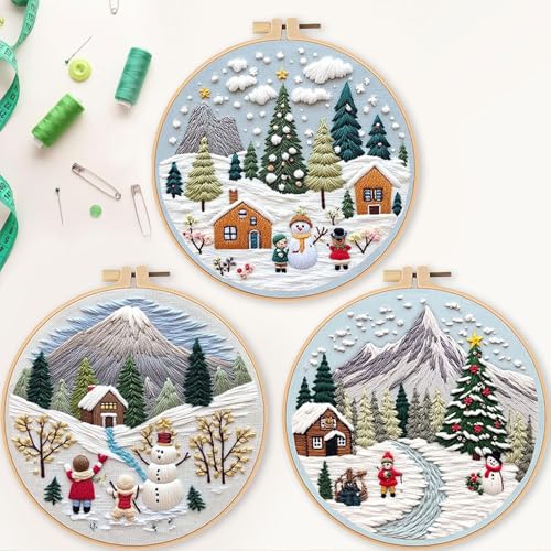 LB Christmas Embroidery Kit for Beginners Adults, 3 Sets Hand Embroidery Starter Kit with Mountain Pattern and Instructions Stamped Cross Stitch Kits Include Embroidery Hoop Needles Threads Scissors - color: Blue White
