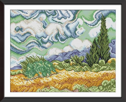 Meecaa Cross Stitch Kits 14 Count Stamped, Cypress Wheat Field Clouds Embroidery Kit with Accessories Pre Printed (40×32CM) (Cypress Tree) - color: Cypress Tree