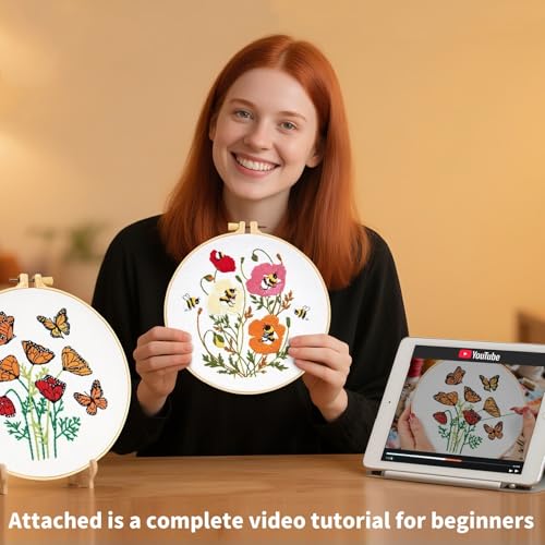 Flowers Embroidery Kits for Beginners Adults, Butterfly Hand Embroidery Starter Kits, Bee Cross Stitch Kits for Beginner Needlepoint DIY Kits for Adult, 2 Set Embroidery Hoops, Thread & Video Tutorial - color: Butterflies Flowers