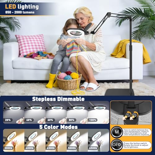 Magnifying Glass with Light and Stand,15x 3in1 Magnifying Lamp, 5 Color Stepless Dimmable,80 Led Desk&Floor Lamp with Lighted Magnifying Glass,Hands Free Magnifying Glasses for Close Work