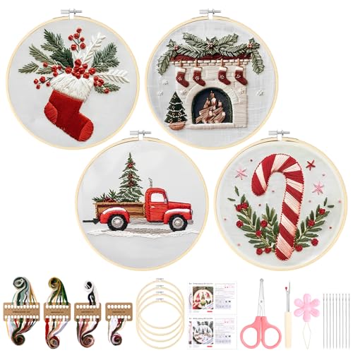 Christmas Embroidery Kit for Adults and Beginners, Christmas Gnomes Embroidery Kits Cross Stitch Kits with Pattern, Cotton, Threads, Needles & Instruction (4Pcs B) - color: 4 Pcs, Stocking+Fireplace+Truck+Candy Cane
