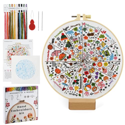 A Year of Doodles Embroidery Kit for Beginners Adults, 12-Month Seasonal Icon Wheel Easy Cross Stitch Kit Easy All-Year Round Embroidery Starter Kits with Wooden Hoop Needles Threads and Instruction - color: 12-Month Seasonal Icon