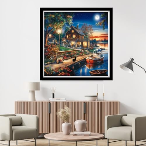 Fanxvivy Counted Cross Stitch Kits for Adults 11CT Unprinted Cross-Stitch Patterns Embroidery Kits Easy Cross Stitching Needlepoint Kits&Moon Night Home Scenery 18x18 inch - color: DIY-craft19