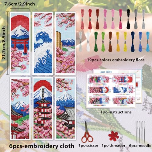 ACRNIGHEET 6PCS Stamped Cross Stitch Bookmark Kit for Beginners Japanese - style: Landscape Patterns 5