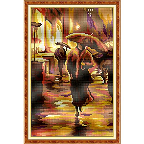 Stamped Cross Stitch Kits Beginners Full Range of Crossstitching Preprinted Kits Pattern for Kids or Adults, DIY Needlepoint Embroidery Craft Kits 11CT 3 Strands-10.2×15.7 inch，Walking in the rain - color: 10.2×15.7 inch，Walking in the rain