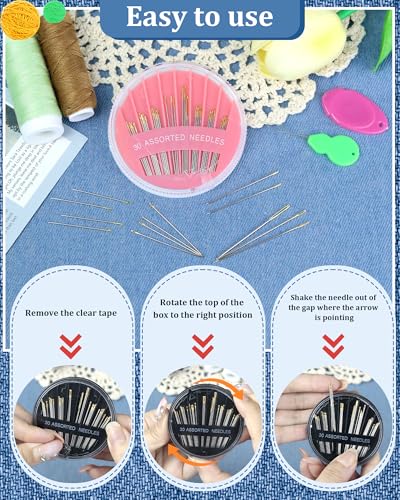 30-Count Steel Sewing Needles for Hand Sewing, 6 Sizes Large Eye Embroidery and Hand Quilting Needles Kit with Threaders for Art & Craft Projects（Pink） - color: Pink