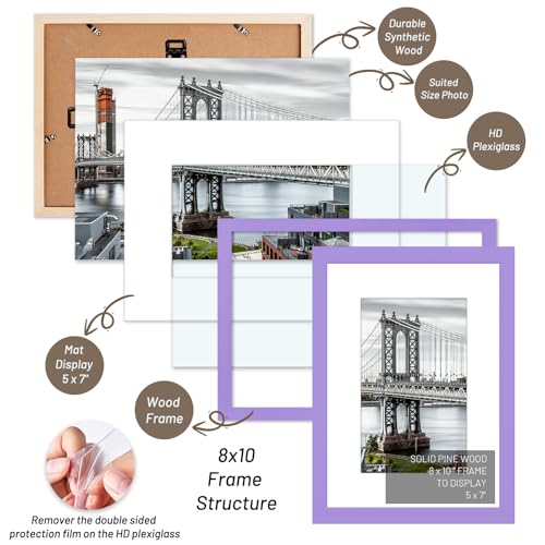 8x10 Picture Frames Solid Wood Display Pictures 5x7 With Mat or 8x10 Without Mat for Wall Mounting or Table Top (Purple) - color: Purple, size: 8x10 inch