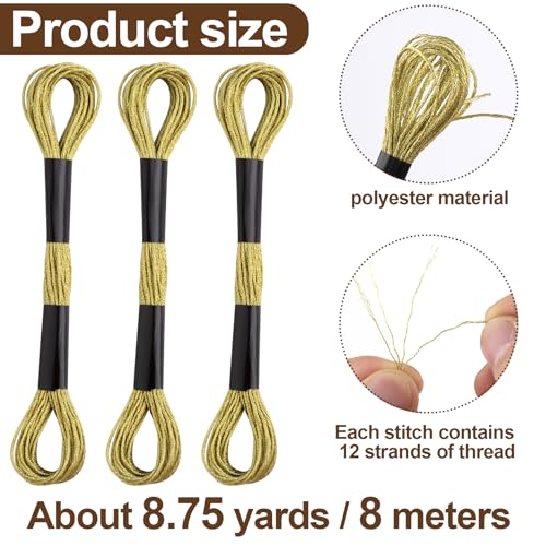 3 Skeins Metallic Embroidery Floss, Glitter Gold Embroidery Thread String, Polyester Cross-Stitch Threads for Hand Embroidery, String Art, DIY Bracelet- Gold - color: Gold