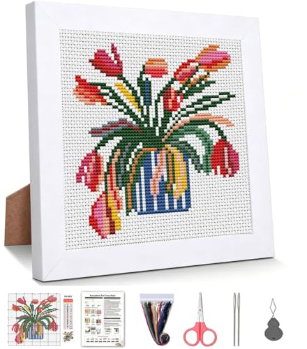 WUSARPLY Flower Stamped Cross Stitch Kits for Beginners Adults with Framed - color: DKJ002