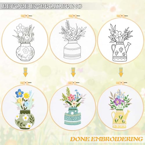 GLTAYLMY 3 Pack Embroidery Starter Kit with Pattern, Stamped Cross Stitch Kits for Beginners Adults with Embroidery Hoop and Instructions, Hand Embroidery Kit - color: Floral123