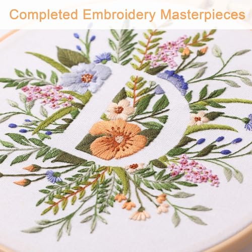 Harimau Letter D Pattern Embroidery Kit for Adult Beginners, Complete Starter Pack with 1 Hoop, Needles, Instruction Guide & Embroidery Stitch Video Tutorials - color: D