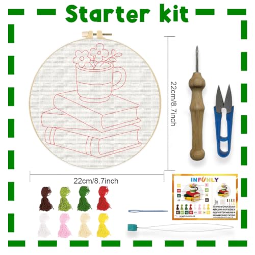 INFUNLY Books Flowers Punch Needle Kit for Beginners Floral Punch Needle Embroidery Kits for Adults 8.7''x8.7'' DIY Punch-Stitching Kit with Instruction Threader Needles Round Hoop for Wall Decor