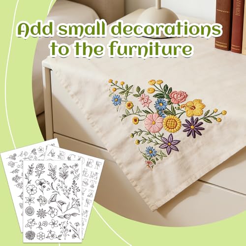 4 Sheets Stick and Stitch Embroidery Patterns, 8.5"x11" Pre-Printed Floral