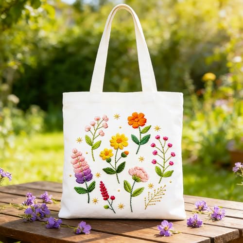 BEUNITONE 6 Pack Beginner Embroidery Kit for Adults, Simple Floral Plants Pre-Stamped Pattern Starter Needlepoint Kits with Hoops & Instruction, Hand Embroidery Kits for Fabric and Home Decor 7.9x7.9 - style: Simple Flowers