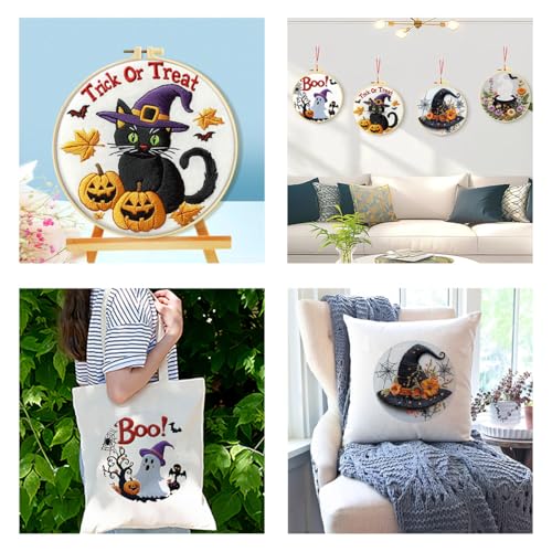 Zhenqing 4-Piece Halloween Embroidery Kit for Beginners - Spooky Ghost, Witch Hat, Black Cat & Cauldron Designs with Pre-Printed 29x29cm Cotton Fabric, Hoop, Threads & Tools(C0165) - style: C0165